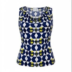 Calvin Klein Navy, White & Yellow Geometric Sleeveless Cowl Neck Top Size Small